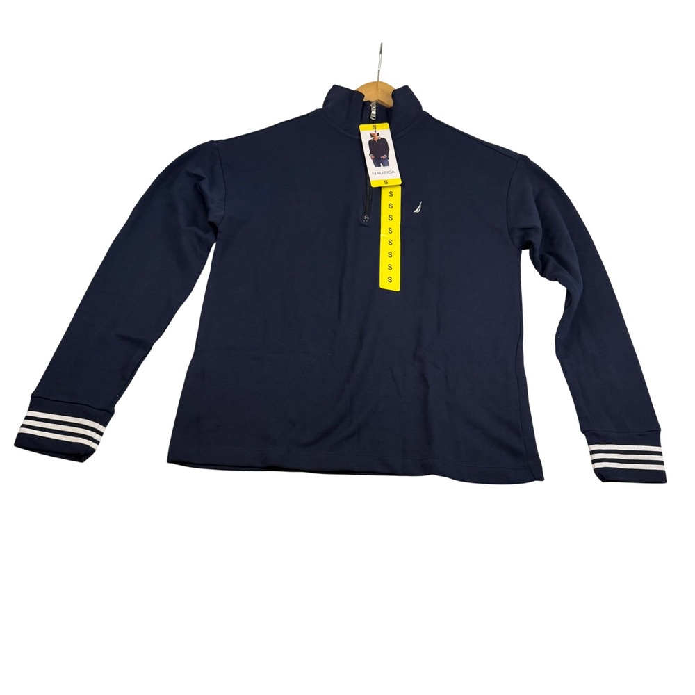 Nautica Mens Navy Blue Quarter Zip Fleece Pullover Striped Cuffs Small NEW
